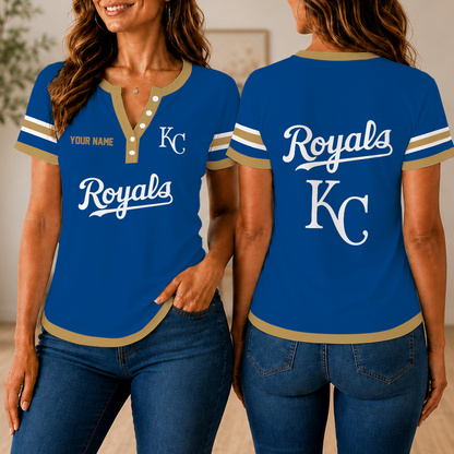 SPECIAL EDITION - NEW CUSTOMIZED MLB19 KCR KANSAS CITY ROYALS WOMEN'S SHORT SLEEVE HENLEY T-SHIRT