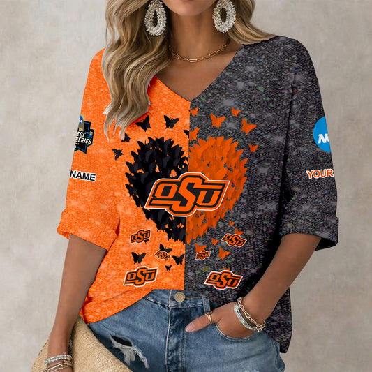 LIMITED DROP - NEW CUSTOMIZED | NCAA CWS19 OSC OKLAHOMA STATE COWBOYS WOMEN'S HEART V-NECK LONG SLEEVE SHIRT