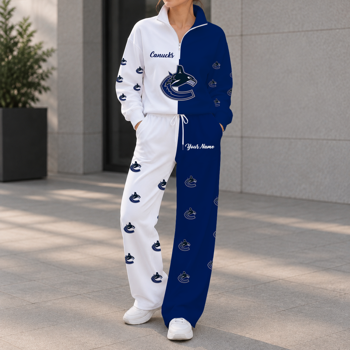 LIMITED EDITION - NEW CUSTOMIZED NHL19 VCC VANCOUVER CANUCKS ZIPPER SWEATSHIRT & WIDE LEG PANTS SET
