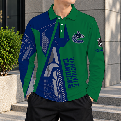 LIMITED DROP - NEW CUSTOMIZED NHL19 VCC VANCOUVER CANUCKS MEN LONG SLEEVE POLO