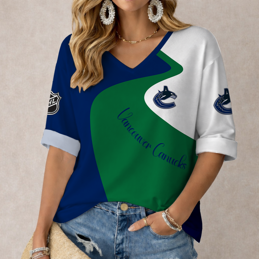 LIMITED EDITION - NEW CUSTOMIZED NHL19 VCC VANCOUVER CANUCKS WOMEN'S V-NECK LONG SLEEVE SHIRT