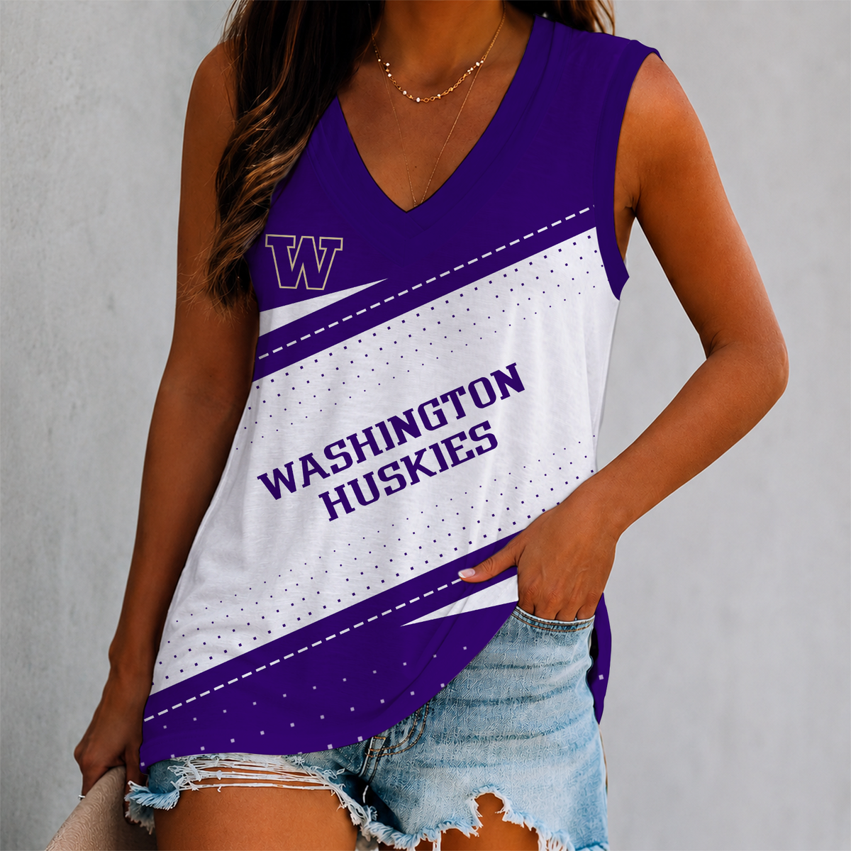 VIRAL EDITION - NEW CUSTOMIZED NCAA FBS19 WSH WASHINGTON HUSKIES WOMEN'S V-NECK TANK TOP