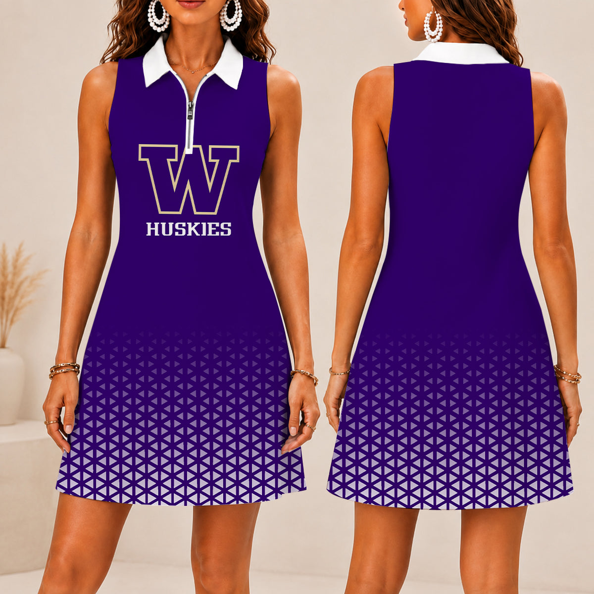 ELITE EDITION - NEW CUSTOMIZED | NCAA FBS19 WSH WASHINGTON HUSKIES WOMEN'S ZIP SLEEVELESS POLO DRESS