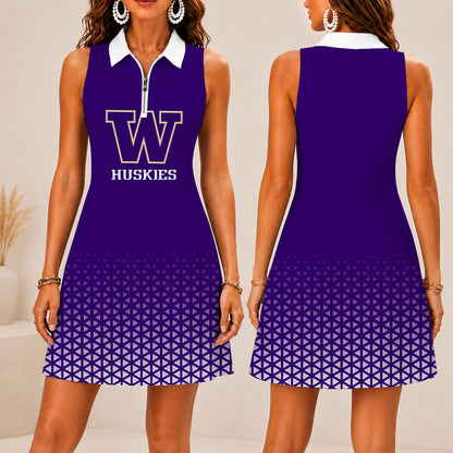 ELITE EDITION - NEW CUSTOMIZED | NCAA FBS19 WSH WASHINGTON HUSKIES WOMEN'S ZIP SLEEVELESS POLO DRESS