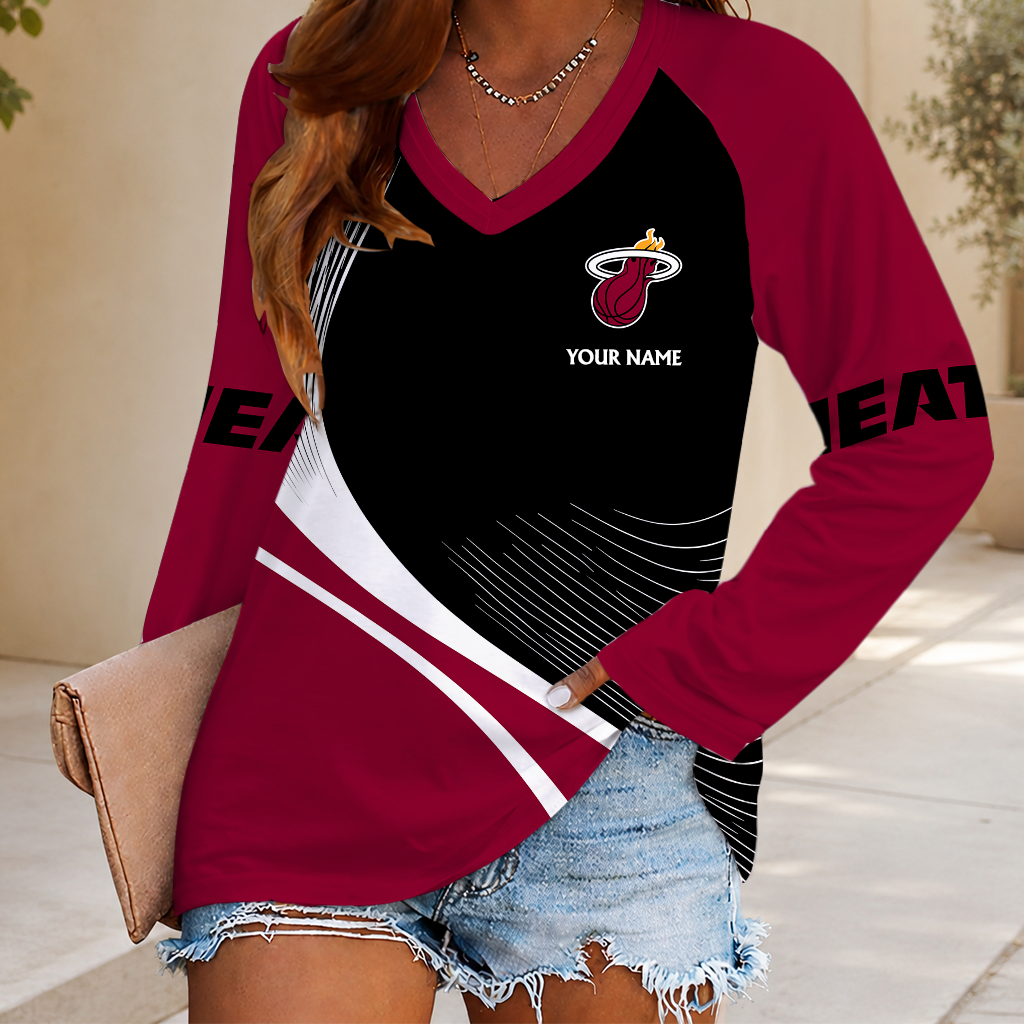 FINAL SALE - NEW CUSTOMIZED NBA20 MHE MIAMI HEAT WOMEN'S V-NECK LONG SLEEVED SHIRT
