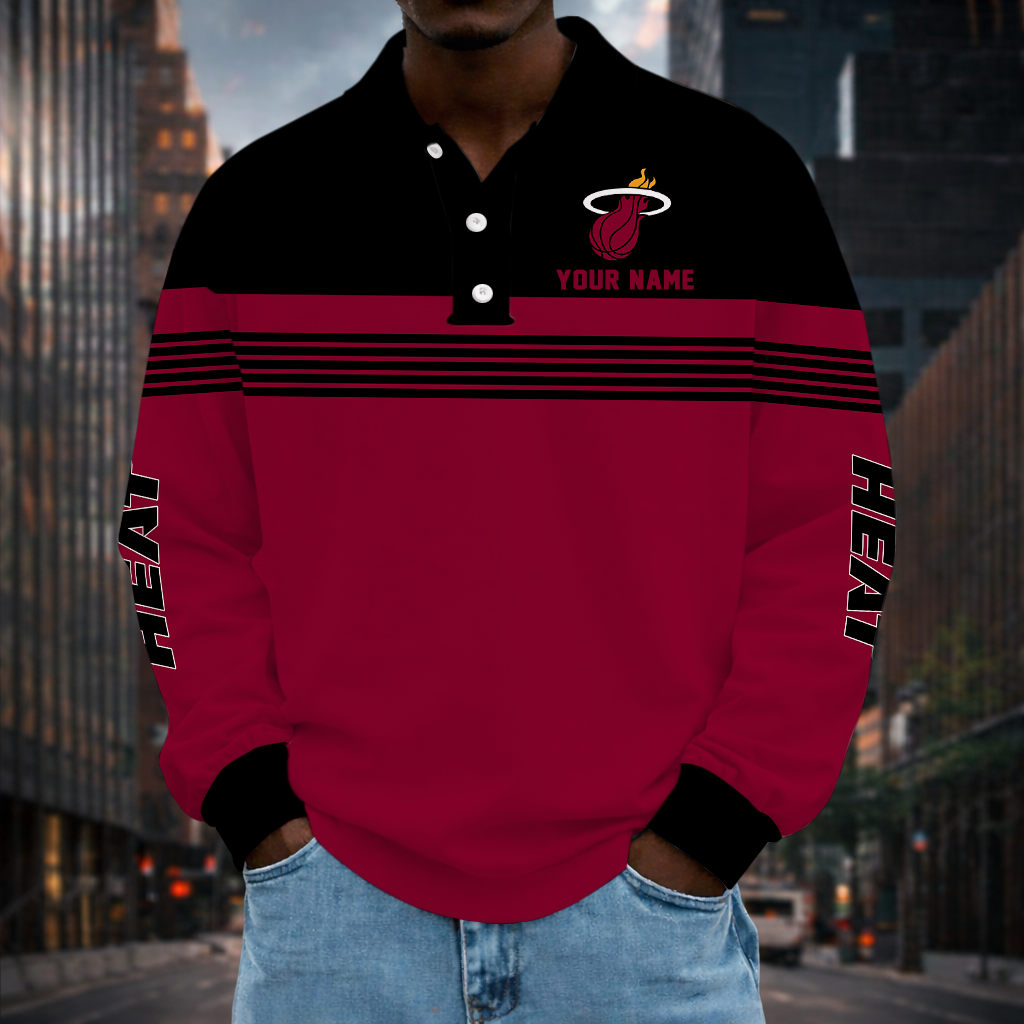 VIRAL EDITION - NEW CUSTOMIZED NBA20 MHE MIAMI HEAT MEN LONG SLEEVE POLO