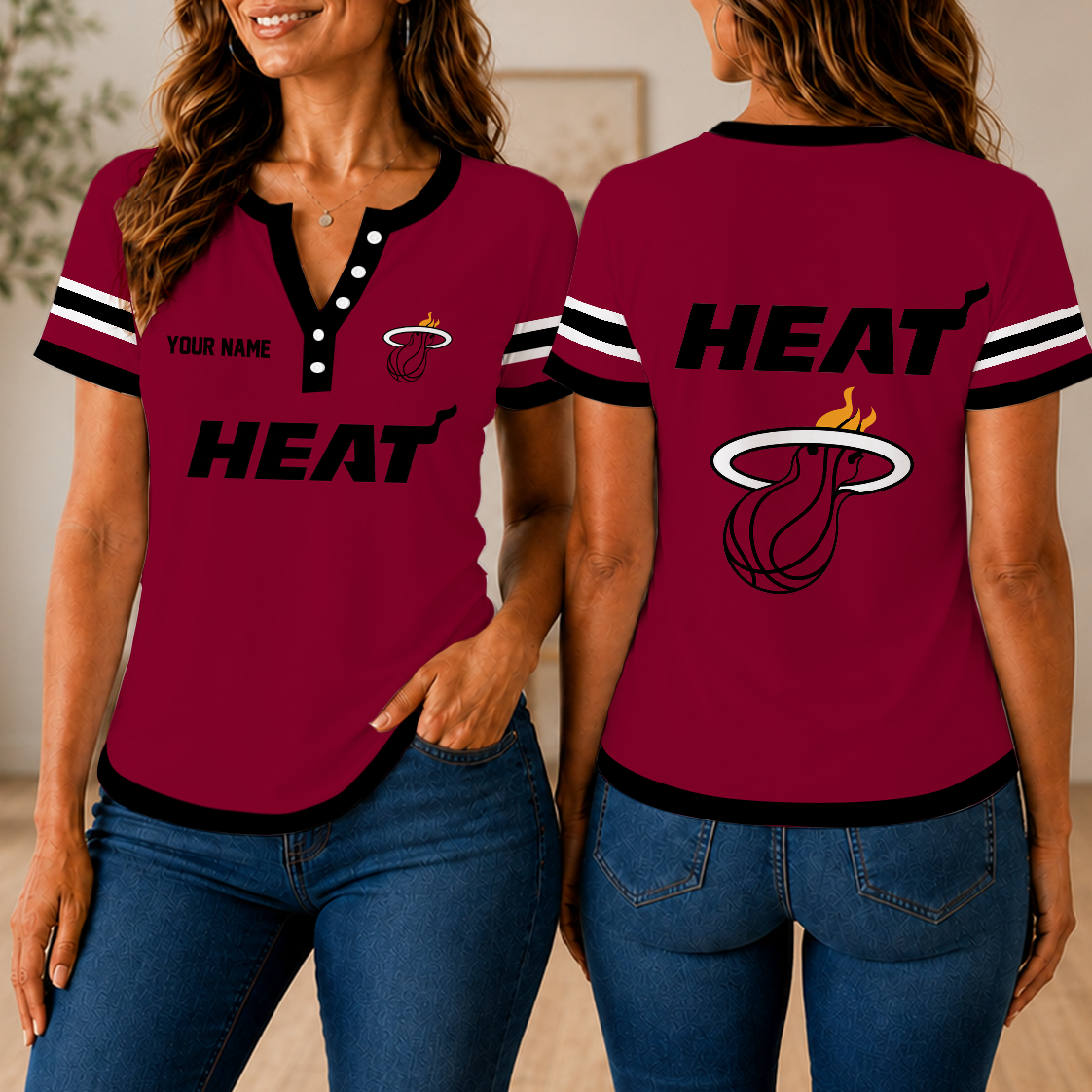 LIMITED EDITION - NEW CUSTOMIZED NBA20 MHE MIAMI HEAT  WOMEN'S SHORT SLEEVE HENLEY T-SHIRT