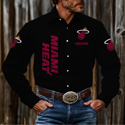 FINAL SALE - NEW CUSTOMIZED NBA20 MHE MIAMI HEAT MEN'S LONG SLEEVE BUTTON-UP SHIRT