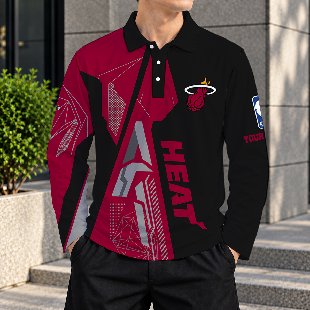 LIMITED EDITION - NEW CUSTOMIZED NBA20 MHE MIAMI HEAT MEN'S LONG SLEEVE POLO
