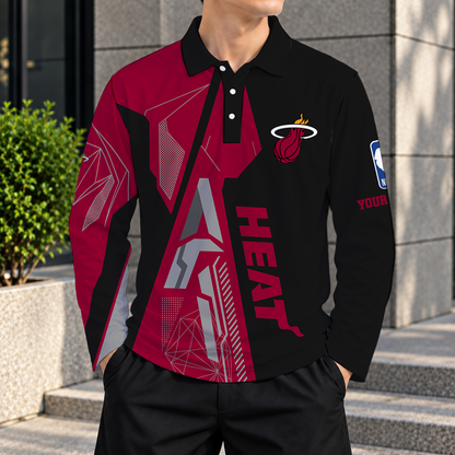 LIMITED EDITION - NEW CUSTOMIZED NBA20 MHE MIAMI HEAT MEN'S LONG SLEEVE POLO