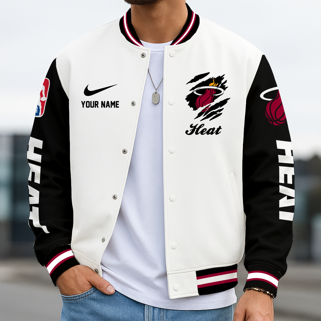 FINAL SALE - NEW CUSTOMIZED NBA20 MHE MI HEAT BASEBALL JACKET, SATIN VARSITY JACKET