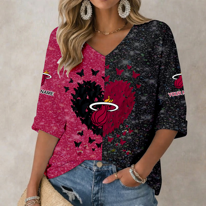 FINAL SALE - NEW CUSTOMIZED NBA20 MHE MIAMI HEAT WOMEN'S HEART V-NECK LONG SLEEVE SHIRT