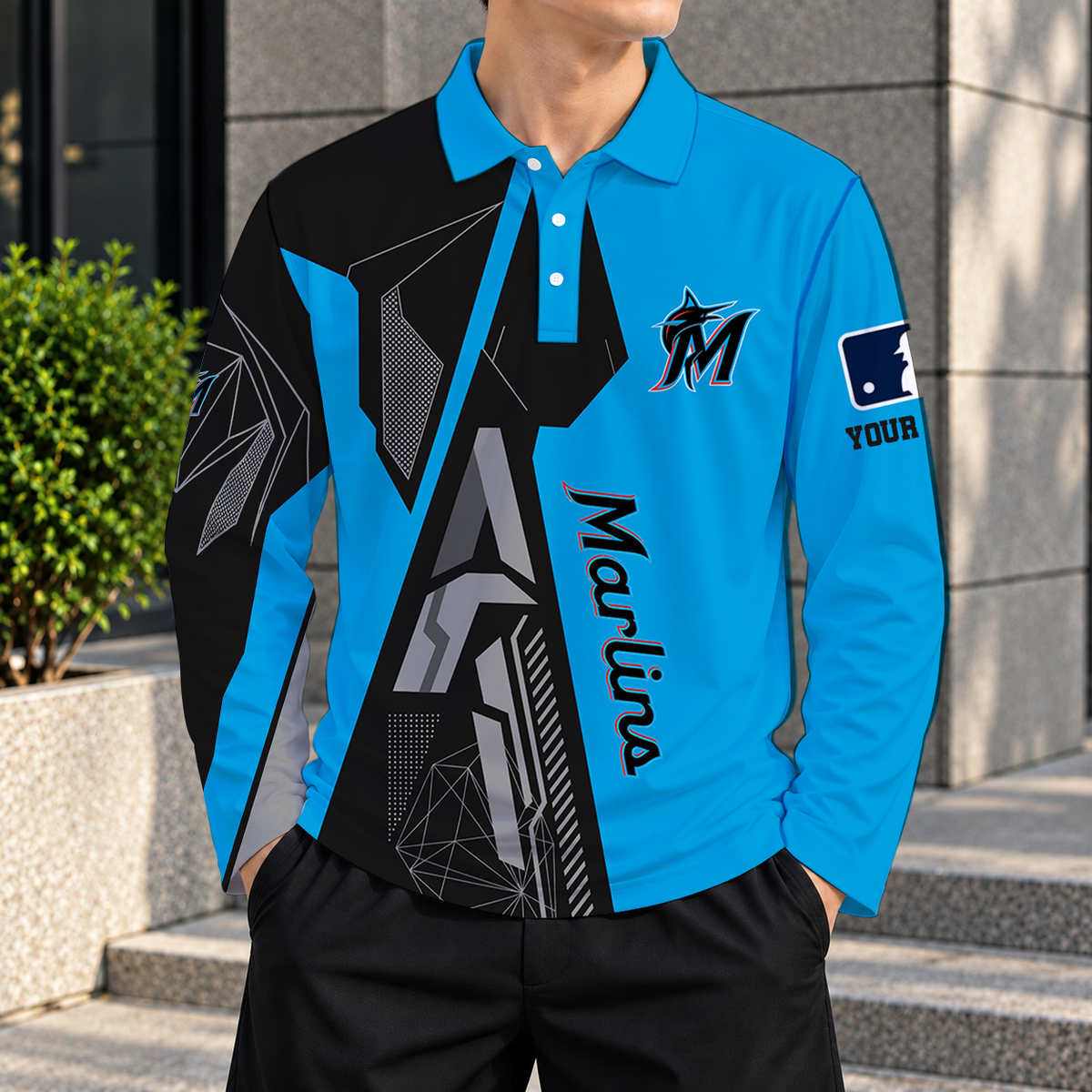 SPECIAL EDITION - NEW CUSTOMIZED MLB20 MMS MIAMI MARLINS MEN'S LONG SLEEVE POLO