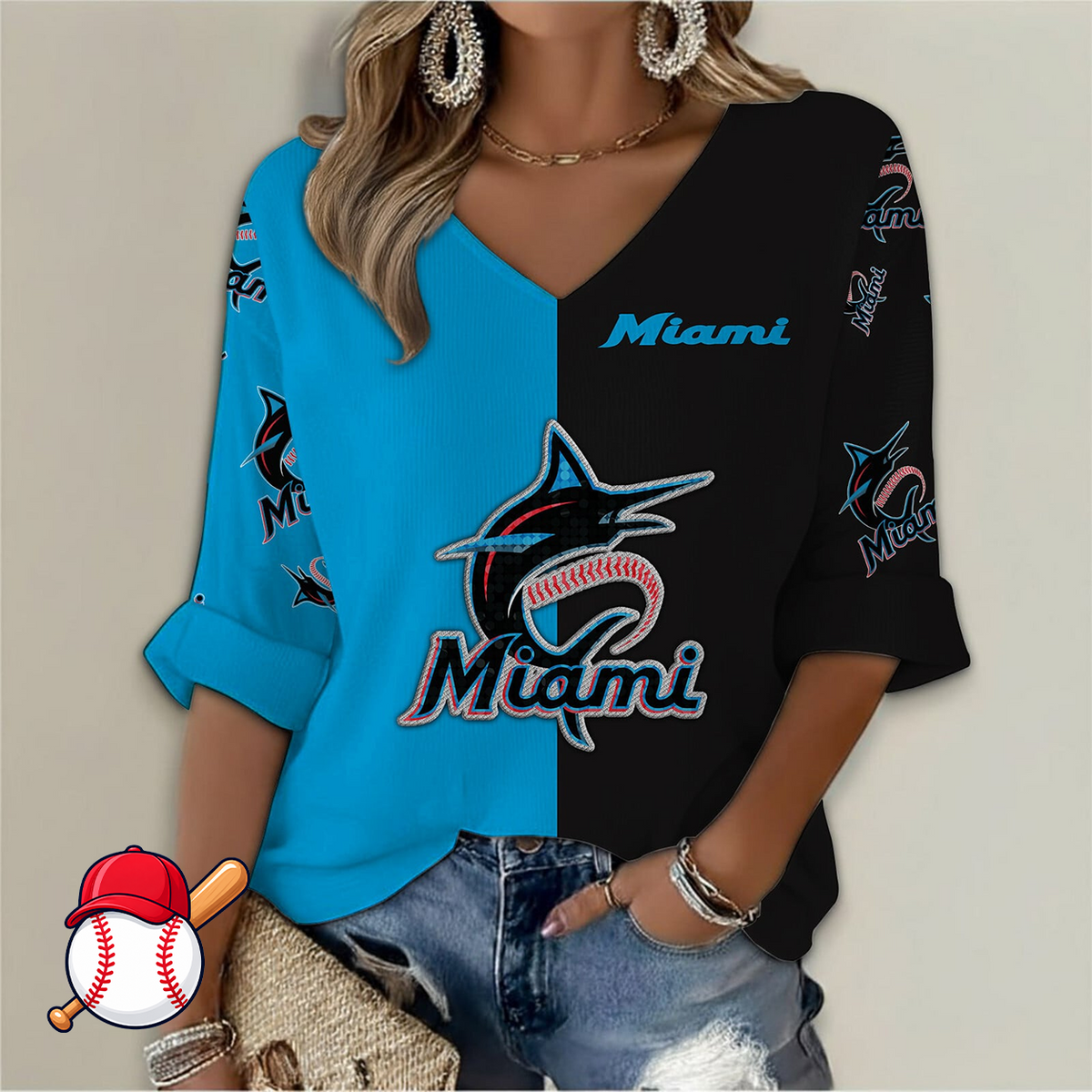 LIMITED EDITION - NEW CUSTOMIZED MLB20 MMS MIAMI MARLINS WOMEN'S  V-NECK LONG SLEEVE SHIRT