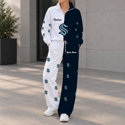 LIMITED EDITION - NEW CUSTOMIZED NHL20 STK SEATTLE KRAKEN ZIPPER SWEATSHIRT & WIDE LEG PANTS SET