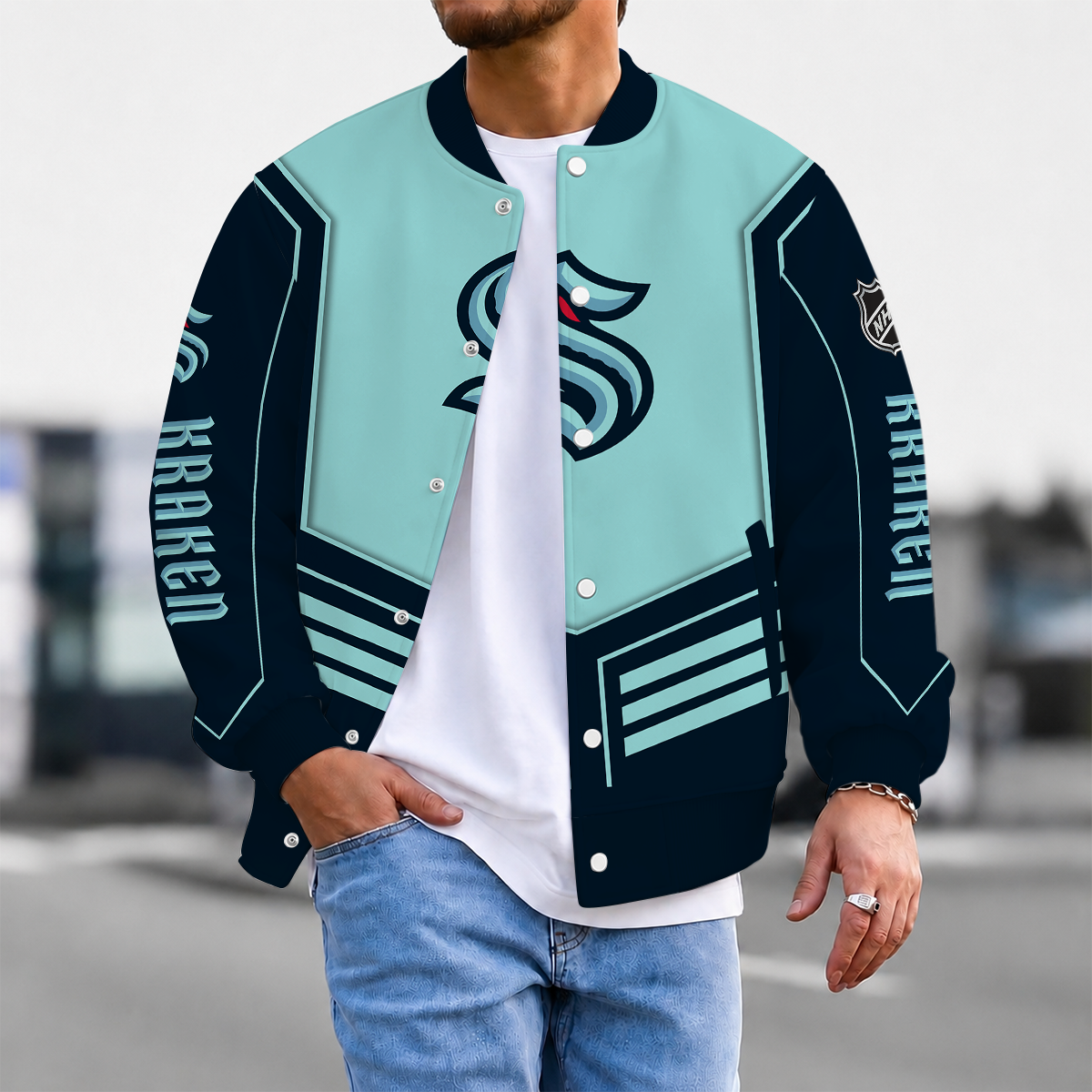 LIMITED EDITION - NEW CUSTOMIZED NHL20 STK SEATTLE KRAKEN SATIN VARSITY JACKET & BASEBALL JACKET