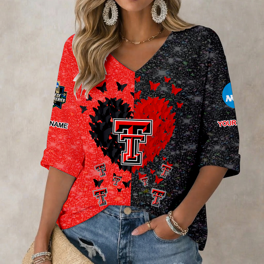 LIMITED DROP - NEW CUSTOMIZED | NCAA CWS20 TRR TEXAS TECH RED RAIDERS WOMEN'S HEART V-NECK LONG SLEEVE SHIRT