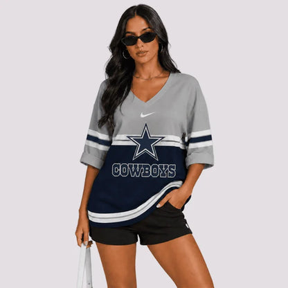 EXCLUSIVE EDITION - NEW CUSTOMIZED | NFL21 DCB DALLAS COWBOYS WOMEN'S HEART V-NECK LONG SLEEVE SHIRT