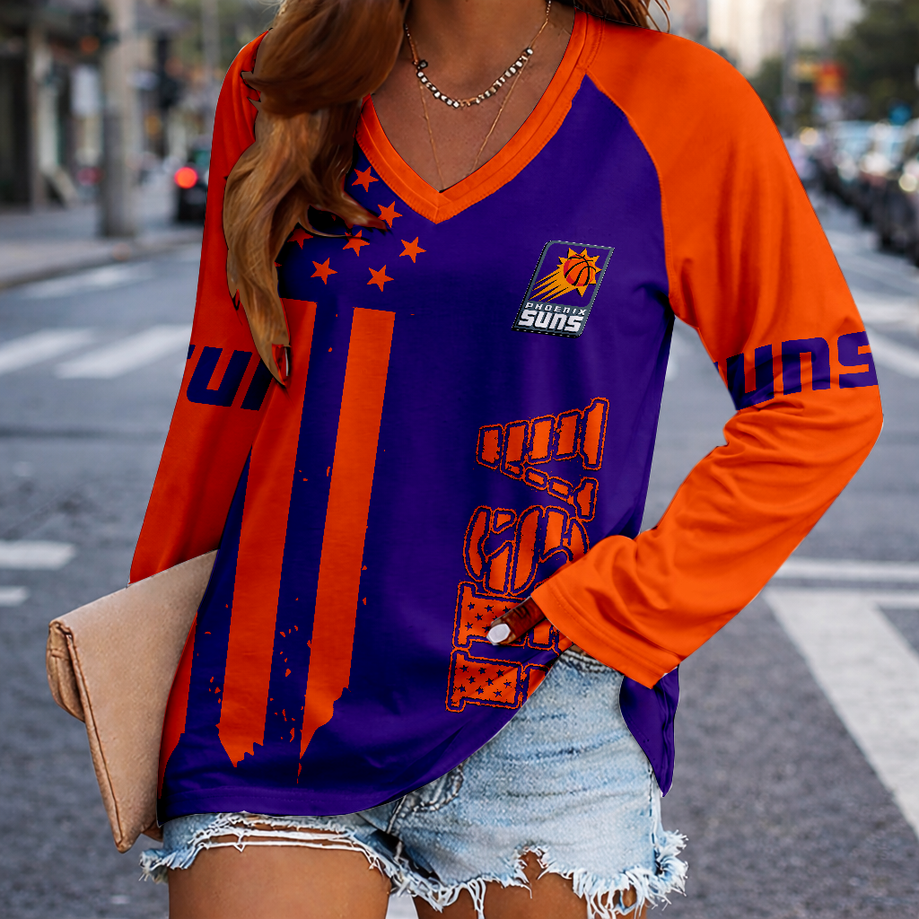 FINAL SALE - NEW CUSTOMIZED NBA21 PSU PHOENIX SUNS WOMEN'S V-NECK LONG SLEEVED SHIRT