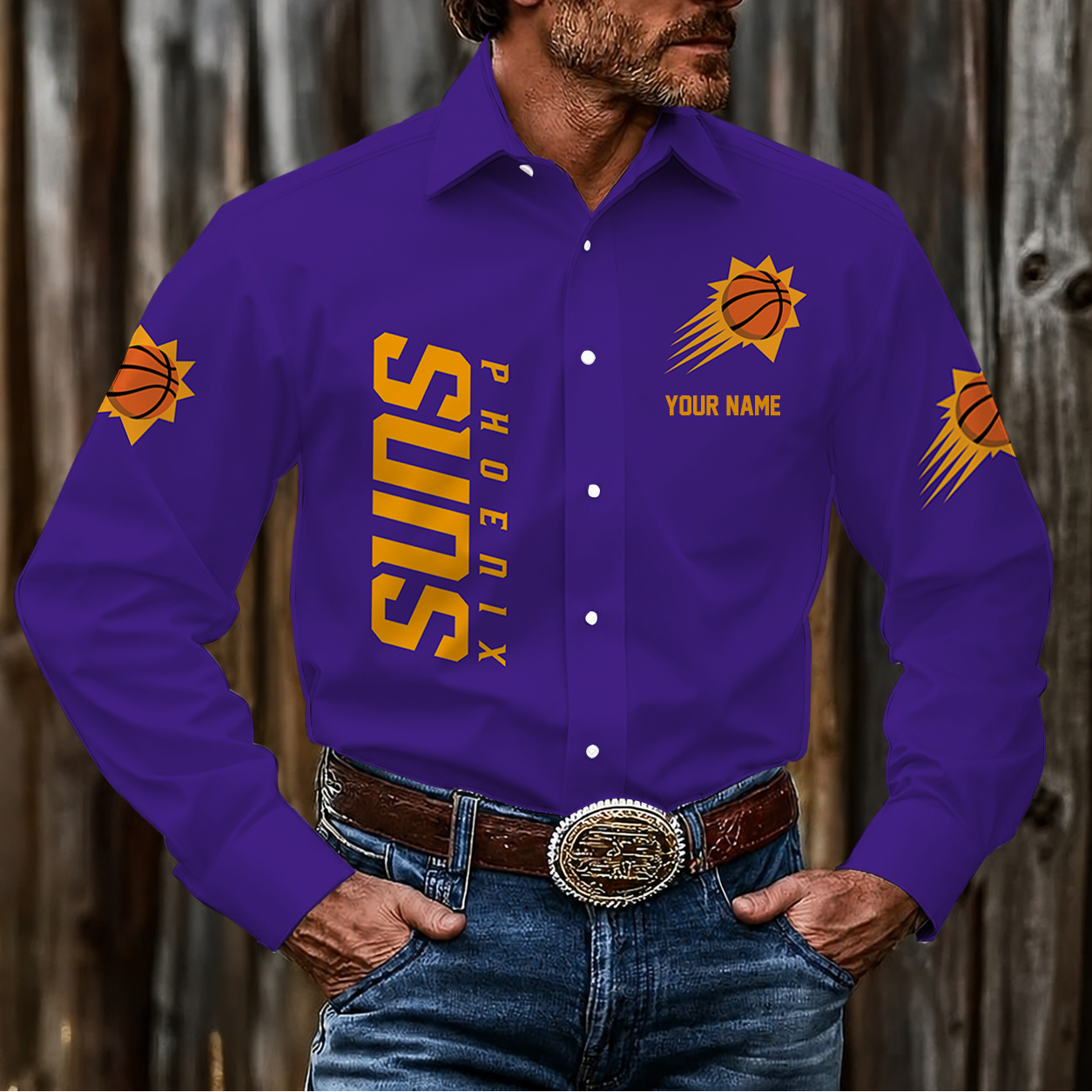 FINAL SALE - NEW CUSTOMIZED NBA21 PSU PHOENIX SUNS MEN'S LONG SLEEVE BUTTON-UP SHIRT