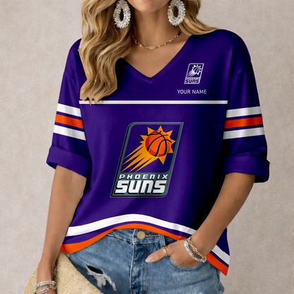 FINAL SALE - NEW CUSTOMIZED NBA21 PSU PHOENIX SUNS WOMEN'S HEART V-NECK LONG SLEEVE SHIRT