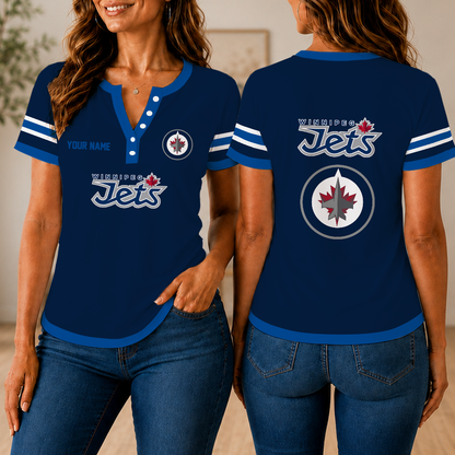 LIMITED EDITION - NEW CUSTOMIZED NHL21 WPJ WINNIPEG JETS WOMEN'S SHORT SLEEVE HENLEY T-SHIRT