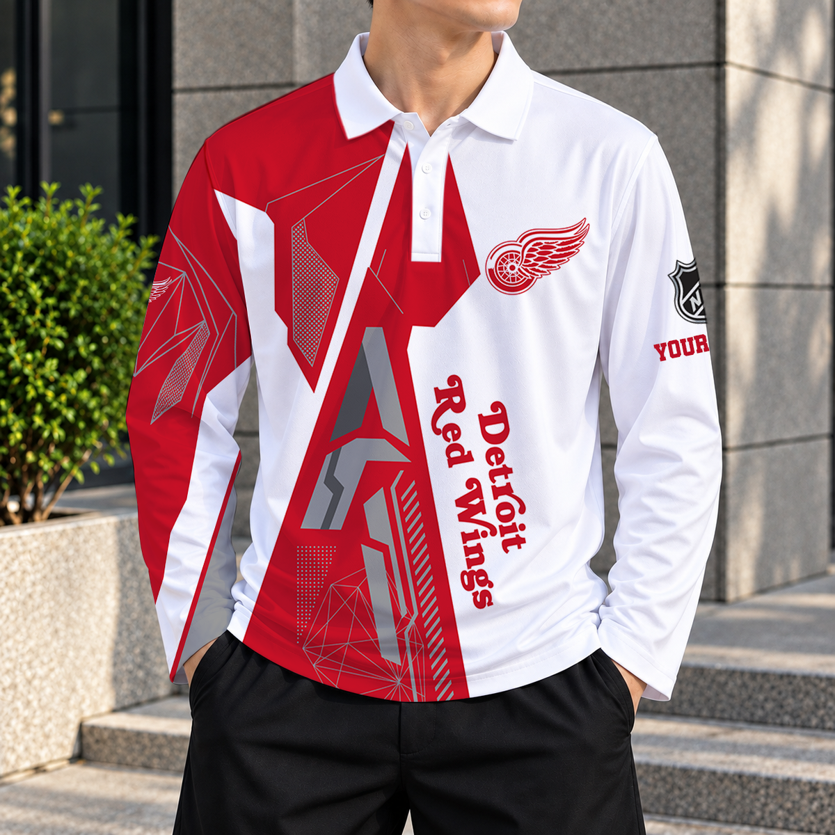 LIMITED DROP - NEW CUSTOMIZED NHL22 DRW DETROIT RED WINGS MEN LONG SLEEVE POLO