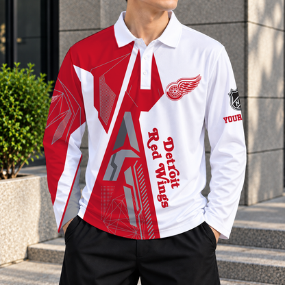 LIMITED DROP - NEW CUSTOMIZED NHL22 DRW DETROIT RED WINGS MEN LONG SLEEVE POLO
