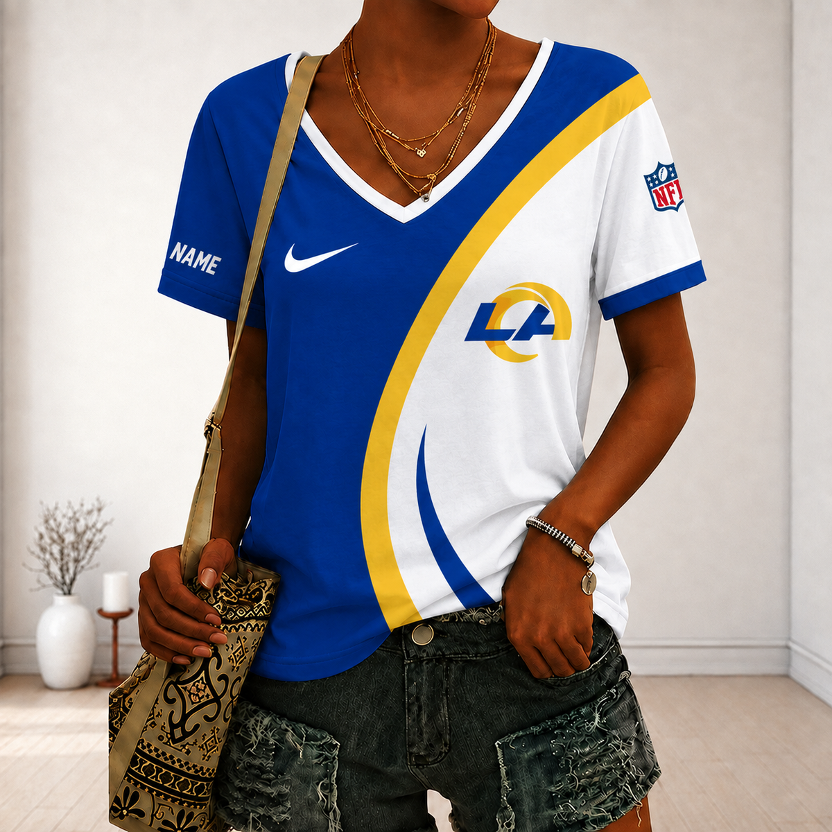 SPECIAL EDITION - NEW CUSTOMIZED NFL22 LAR LOS ANGELES RAMS V-NECK FEMALE SHIRT
