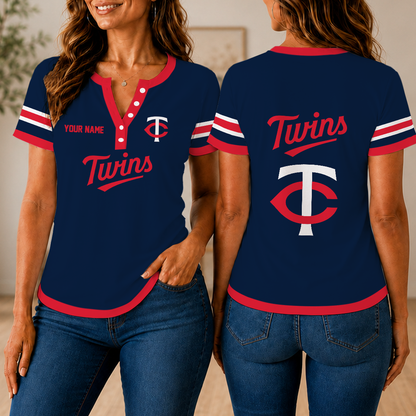 SPECIAL EDITION - NEW CUSTOMIZED MLB22 MTS MINNESOTA TWINS WOMEN'S SHORT SLEEVE HENLEY T-SHIRT