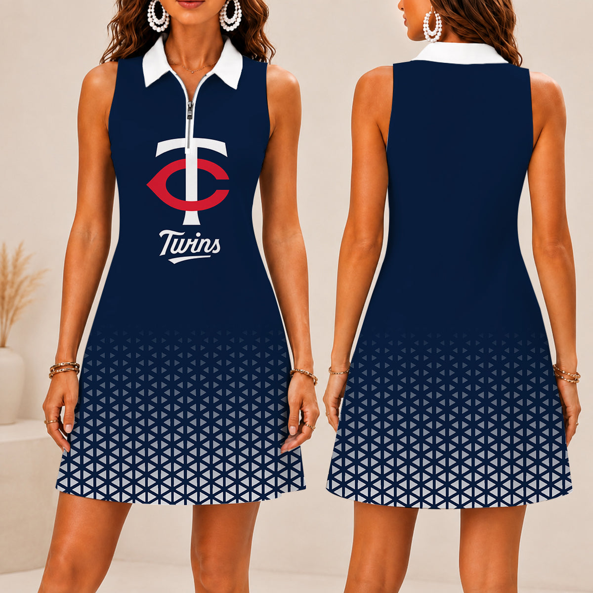 LIMITED EDITION - NEW CUSTOMIZED MLB22 MTS MINNESOTA TWINS WOMEN'S ZIP SLEEVELESS POLO DRESS