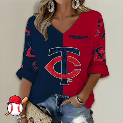 LIMITED EDITION - NEW CUSTOMIZED MLB22 MTS MINNESOTA TWINS WOMEN'S  V-NECK LONG SLEEVE SHIRT