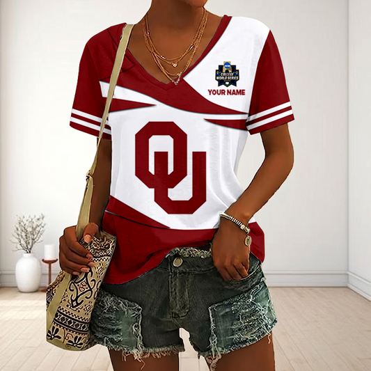 VIRAL EDITON - NEW CUSTOMIZED CWS NCAA22 OUS OU SOONERS V-NECK FEMALE SHIRT