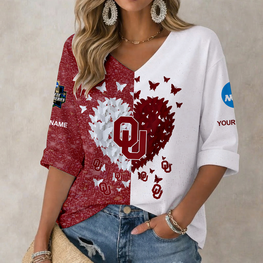 LIMITED DROP - NEW CUSTOMIZED | NCAA CWS22 OUS OKLAHOMA SOONERS WOMEN'S HEART V-NECK LONG SLEEVE SHIRT