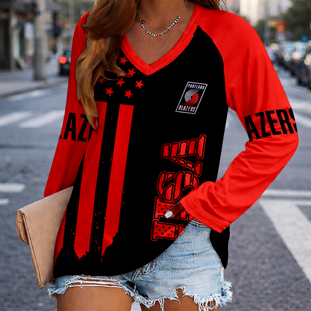 FINAL SALE - NEW CUSTOMIZED NBA22 PTB PORTLAND TRAIL BLAZERS WOMEN'S V-NECK LONG SLEEVED SHIRT