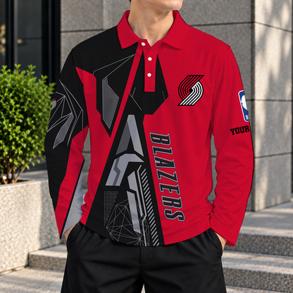LIMITED EDITION - NEW CUSTOMIZED NBA22 PTB PORTLAND TRAIL BLAZERS MEN'S LONG SLEEVE POLO
