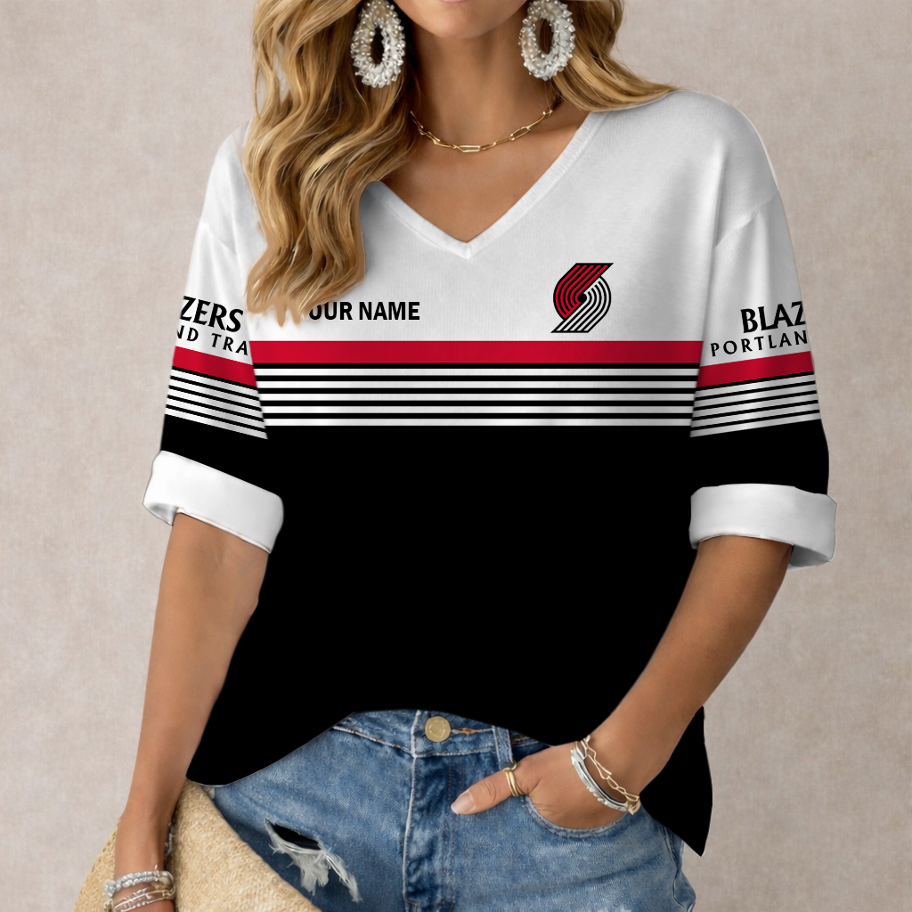 FINAL SALE - NEW CUSTOMIZED NBA22 PTB PORTLAND TRAIL BLAZERS WOMEN'S HEART V-NECK LONG SLEEVE SHIRT