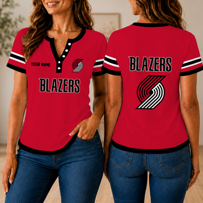 LIMITED EDITION - NEW CUSTOMIZED NBA22 PTB PORTLAND TRAIL BLAZERS  WOMEN'S SHORT SLEEVE HENLEY T-SHIRT