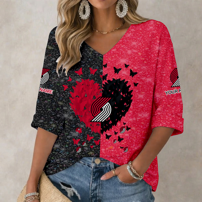 FINAL SALE - NEW CUSTOMIZED NBA22 PTB PORTLAND TRAIL BLAZERS WOMEN'S HEART V-NECK LONG SLEEVE SHIRT
