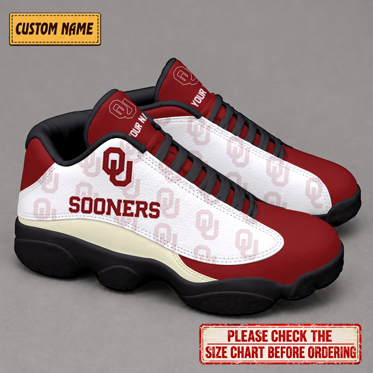 LIMITED EDITION - NEW CUSTOMIZED NCAA CWS22 OUS OKLAHOMA SOONERS AIR JORDAN 13 LOW TOP SNEAKER