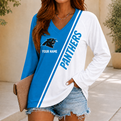 SPECIAL EDITION - NEW CUSTOMIZED NFL23 CLP CAROLINA PANTHERS WOMEN'S V-NECK LONG SLEEVED SHIRT