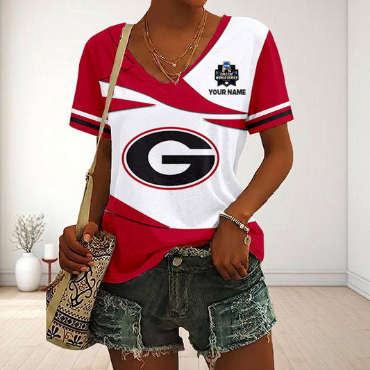 VIRAL EDITON - NEW CUSTOMIZED CWS NCAA23 GEB GE BULLGOGS V-NECK FEMALE SHIRT