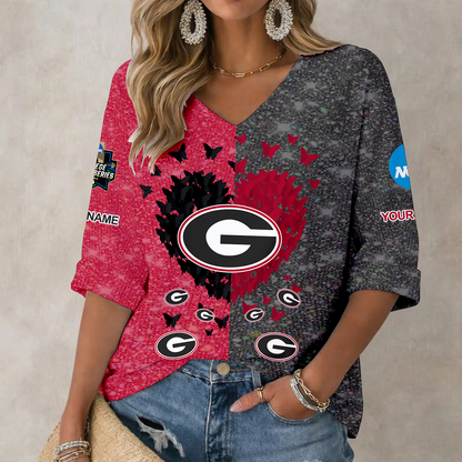 LIMITED DROP - NEW CUSTOMIZED | NCAA CWS23 GEB GEORGIA BULLDOGS WOMEN'S HEART V-NECK LONG SLEEVE SHIRT