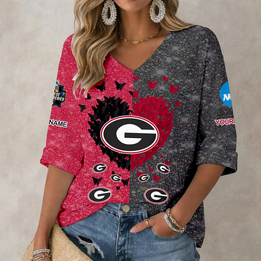 LIMITED DROP - NEW CUSTOMIZED | NCAA CWS23 GEB GEORGIA BULLDOGS WOMEN'S HEART V-NECK LONG SLEEVE SHIRT