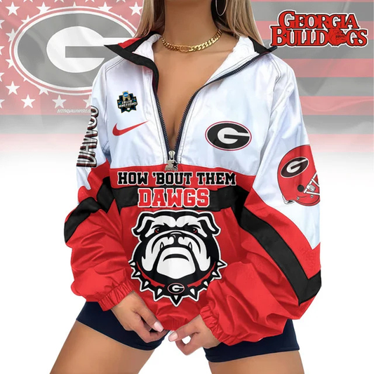 LIMITED EDITION - NEW CUSTOMIZED CWS NCAA23 GEB GE BULLGOGS V-NECK ZIPPER SWEATSHIRT JACKET