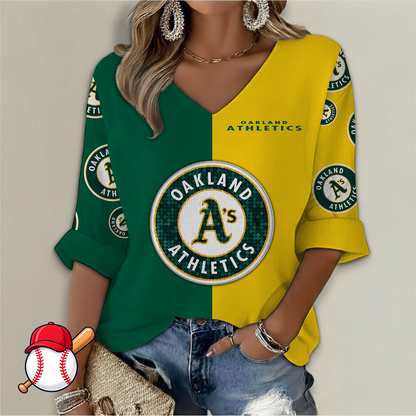 LIMITED EDITION - NEW CUSTOMIZED MLB23 OAS OAKLAND ATHLETICS WOMEN'S  V-NECK LONG SLEEVE SHIRT