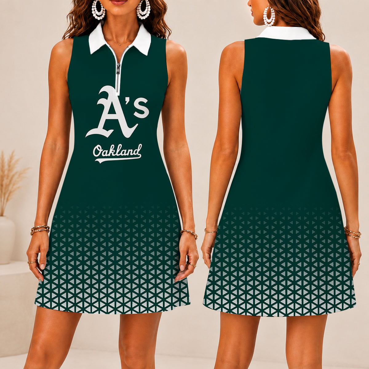 LIMITED EDITION - NEW CUSTOMIZED MLB23 OAS OAKLAND ATHLETICS WOMEN'S ZIP SLEEVELESS POLO DRESS