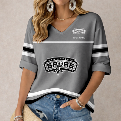 FINAL SALE - NEW CUSTOMIZED NBA23 SAS SAN ANTONIO SPURS WOMEN'S HEART V-NECK LONG SLEEVE SHIRT