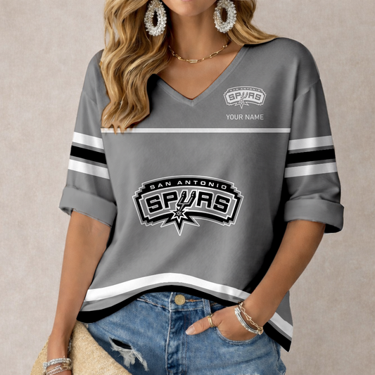 FINAL SALE - NEW CUSTOMIZED NBA23 SAS SAN ANTONIO SPURS WOMEN'S HEART V-NECK LONG SLEEVE SHIRT