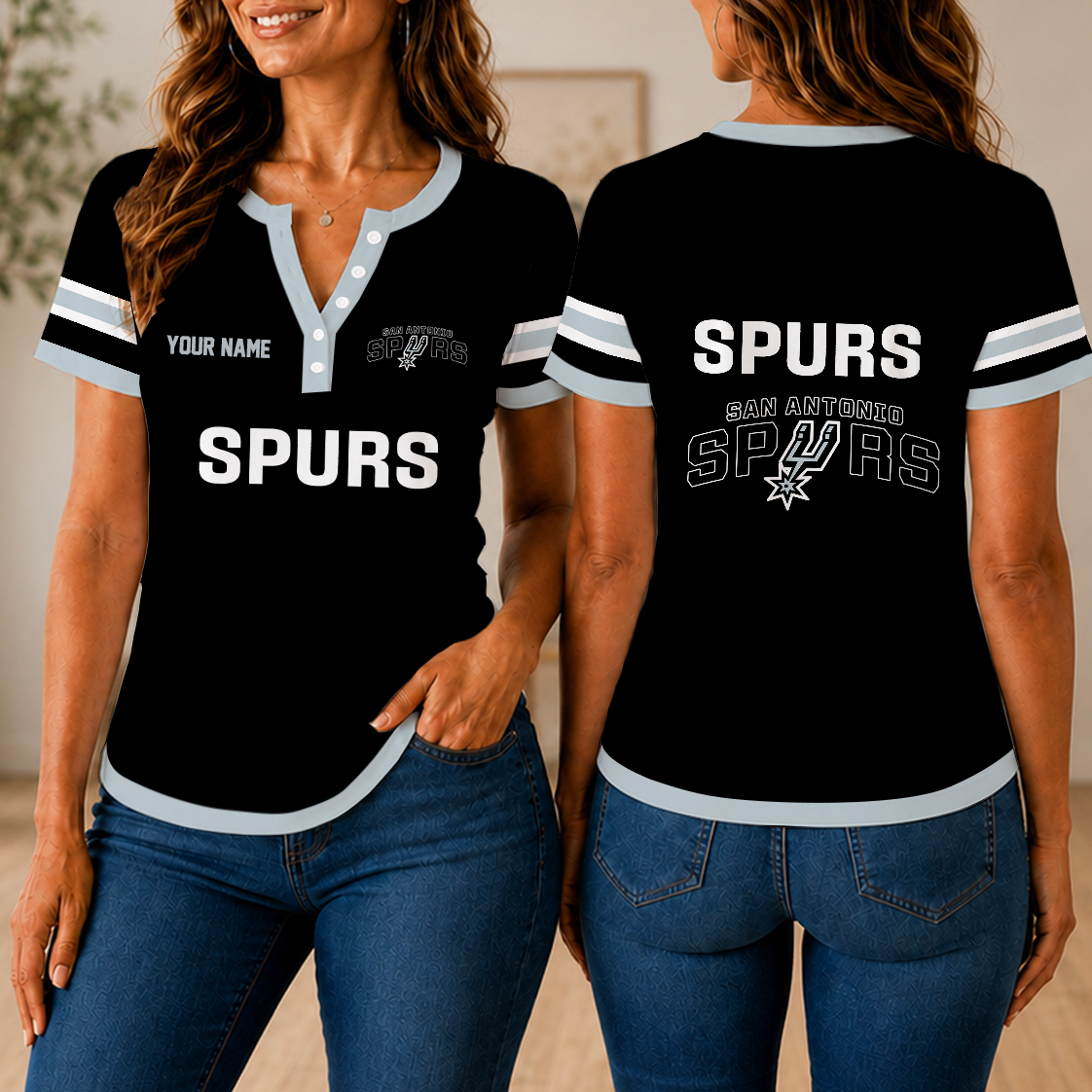 LIMITED EDITION - NEW CUSTOMIZED NBA23 SAS SAN ANTONIO SPURS  WOMEN'S SHORT SLEEVE HENLEY T-SHIRT